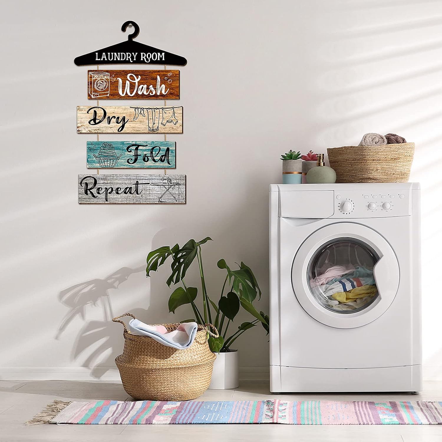 Add Charm to Your Laundry Room with 5 Rustic Vintage Farmhouse Wall Signs - Wash, Dry, Fold, Repeat Decor for Home and Bathroom (Multicolored, 19.7 x 11 Inch)