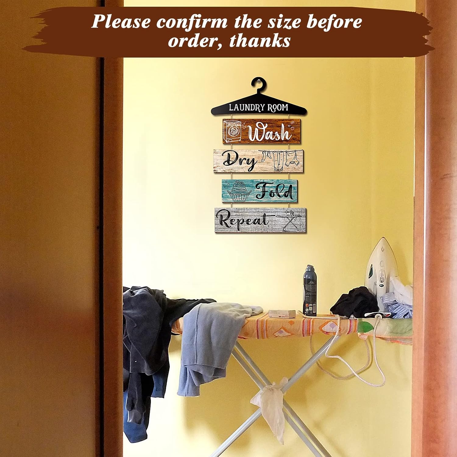 Add Charm to Your Laundry Room with 5 Rustic Vintage Farmhouse Wall Signs - Wash, Dry, Fold, Repeat Decor for Home and Bathroom (Multicolored, 19.7 x 11 Inch)