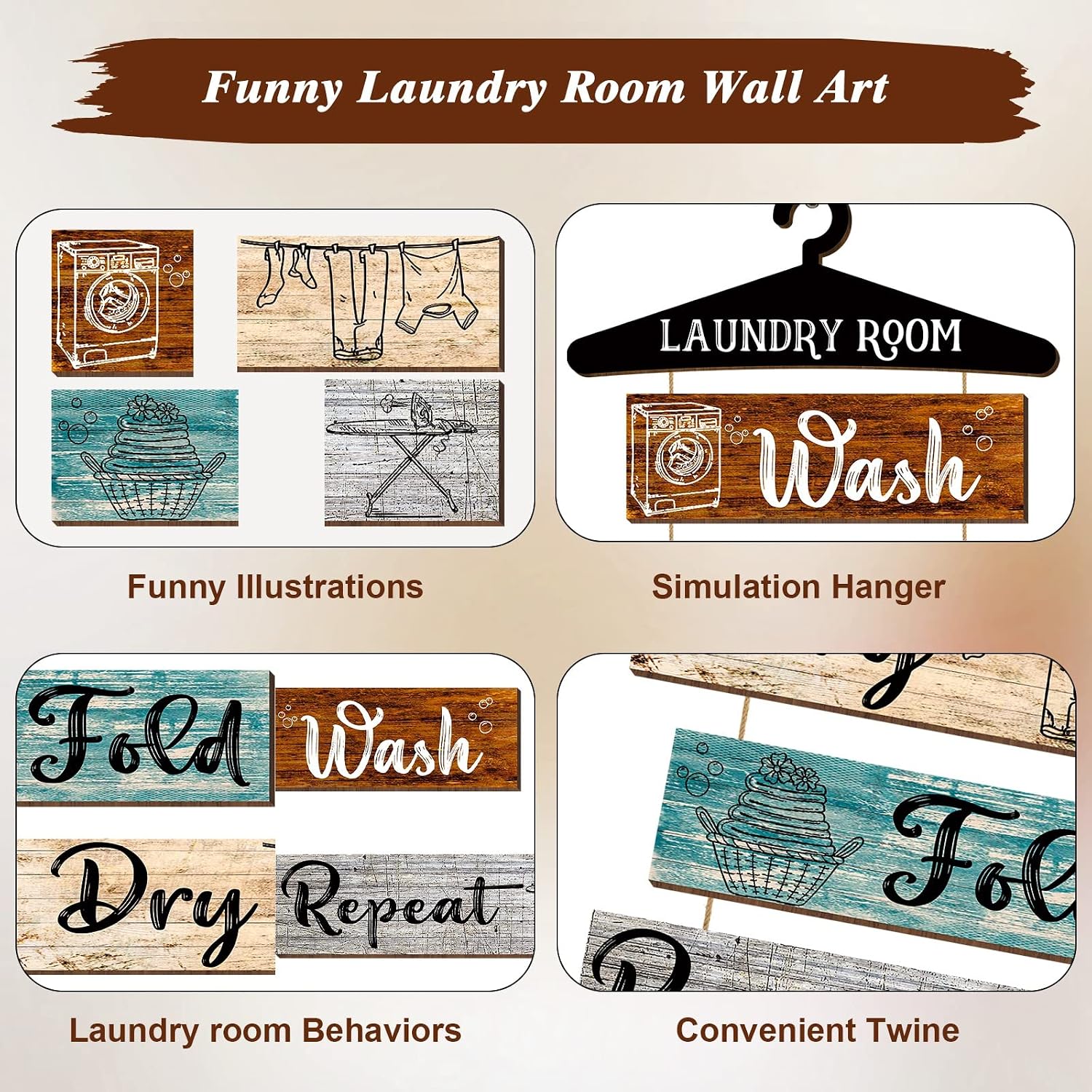 Add Charm to Your Laundry Room with 5 Rustic Vintage Farmhouse Wall Signs - Wash, Dry, Fold, Repeat Decor for Home and Bathroom (Multicolored, 19.7 x 11 Inch)