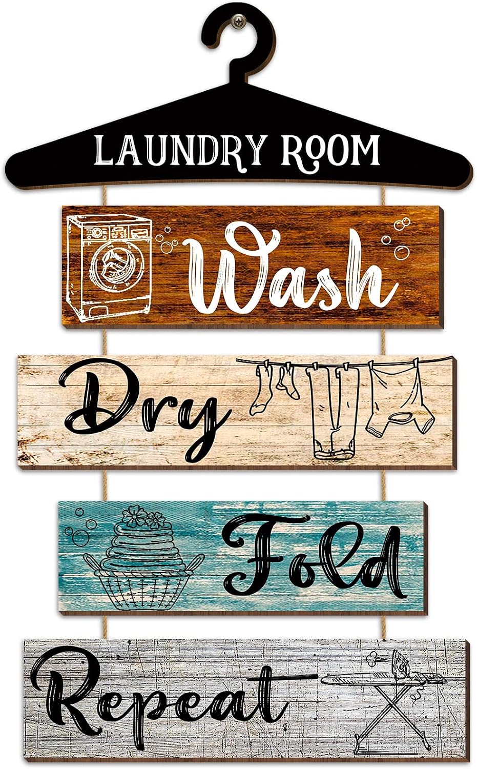 Add Charm to Your Laundry Room with 5 Rustic Vintage Farmhouse Wall Signs - Wash, Dry, Fold, Repeat Decor for Home and Bathroom (Multicolored, 19.7 x 11 Inch)