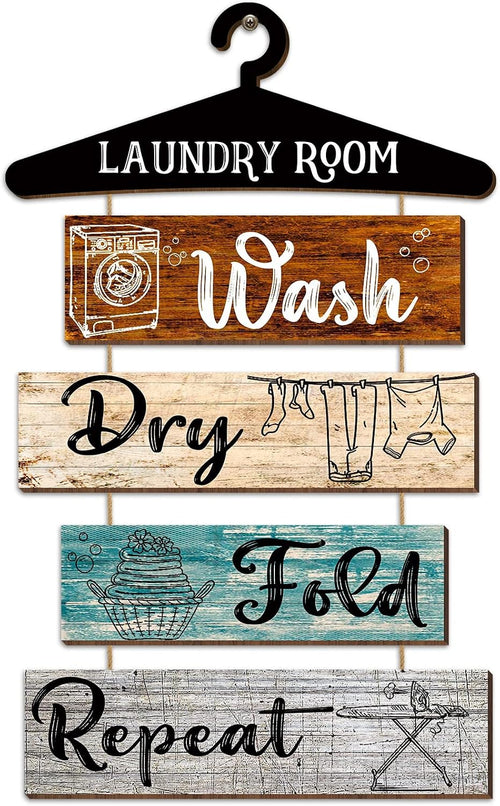 Add Charm to Your Laundry Room with 5 Rustic Vintage Farmhouse Wall Signs - Wash, Dry, Fold, Repeat Decor for Home and Bathroom (Multicolored, 19.7 x 11 Inch)