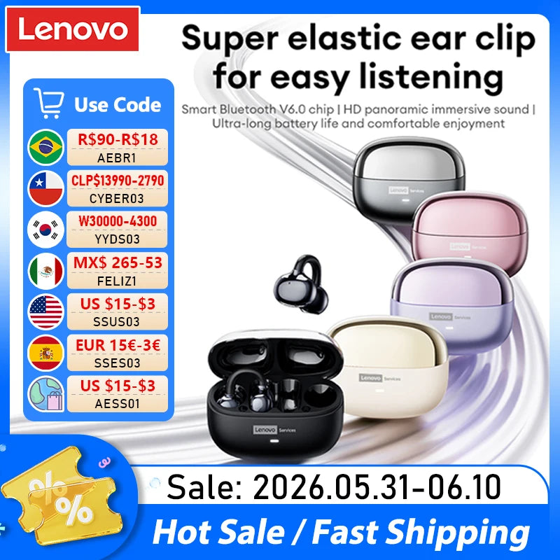 Unleash Your Sound with Lenovo LE302 Wireless Ear Clip Earphones - Perfect for Music and Sports with Low Latency HD Calls